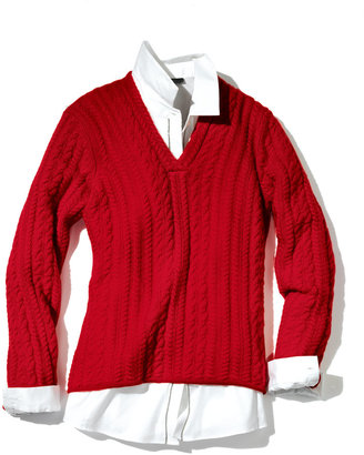 Neiman Marcus Cable-Knit Cashmere V-Neck Sweater, Red