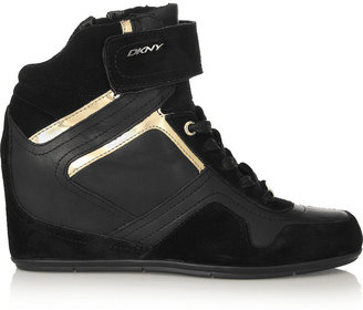 DKNY Cornelia leather and suede wedge sneakers