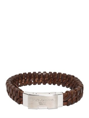 Dolce & Gabbana Metal Logo On Woven Leather Bracelet