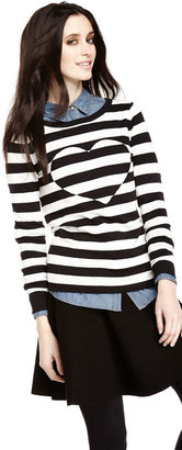 Neiman Marcus Round-Neck Striped Sweater W/ Heart, Black/White