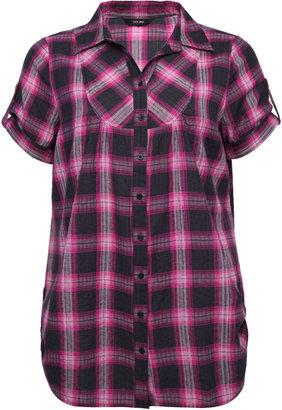 Yours Clothing Black And Magenta Checked Bib Shirt With Short Rolled Sleeves
