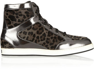 Jimmy Choo Tokyo leopard-print calf hair and mirrored-leather sneakers