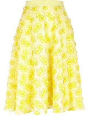 River Island Yellow 3D floral lace midi skirt