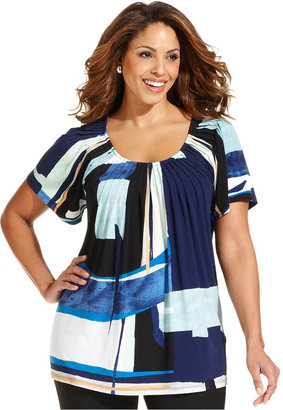 Style&Co. Plus Size Short-Sleeve Printed Pleated Top
