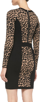 Milly Cheetah/Solid Long-Sleeve Knit Sheath Dress