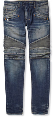 Balmain Slim-Fit Washed-Denim Biker Jeans