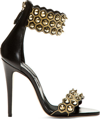 Brian Atwood Black Leather Stud & Chain Embellished Heels
