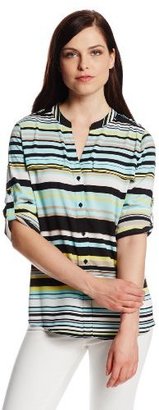 Calvin Klein Women's Printed Crew-Neck Roll-Sleeve Shirt