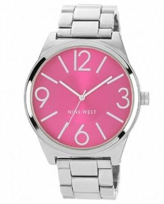 Nine West Ladies hot pink round face with silver tone bracelet watch