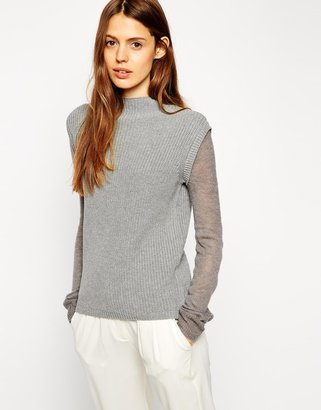 ASOS Jumper With Funnel Neck And Fine Knit Sleeve - Grey