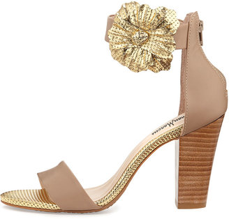 Neiman Marcus Kensington Flower Ankle-Strap Sandal, Camel/Gold