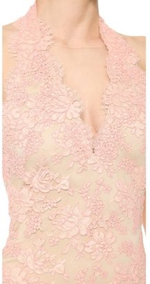 Reem Acra Re-embroidered Lace Plunge Front Halter Dress