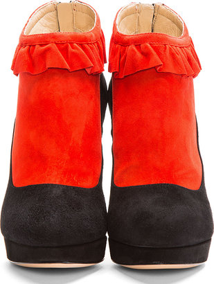 Charlotte Olympia Red Bicolor Suede Trompe L'oeil Ruffled Emily Boots