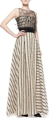 Carolina Herrera Striped Gown with Sleeveless Illusion, Black/Beige