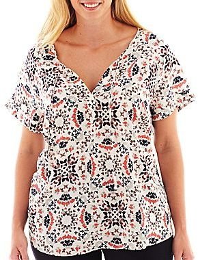 JCPenney a.n.a Short-Sleeve Cuffed Henley Blouse - Plus