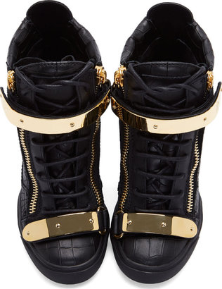 Giuseppe Zanotti Black Leather Croc-Embossed Lorenz Wedge Sneakers