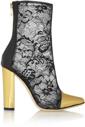 Balmain Lace, metallic leather and mesh ankle boots