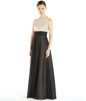 Carmen Marc Valvo black and ivory woven shiny twill and paillette pleated gown