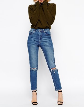 ASOS Farleigh High Waist Slim Mom Jeans In Mid Wash Blue With Busted Knees - Blue