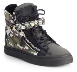 Giuseppe Zanotti Jeweled Camouflage Leather Wedge Sneakers