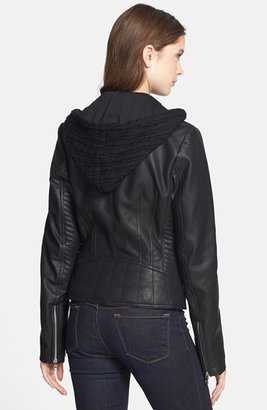 GUESS Faux Leather Moto Jacket with Cable Knit Hooded Bib Inset (Online Only)