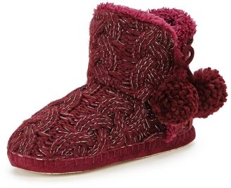 Sorbet Ruby Lurex Knitted Pom Pom Slipper Boots - Burgundy