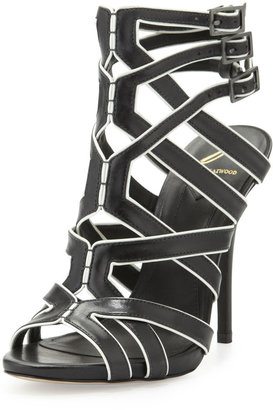 Brian Atwood Carbinia Triple-Buckle Cage Sandal, Black/White