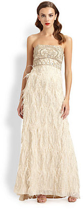 Sue Wong Strapless Feather-Trimmed Gown