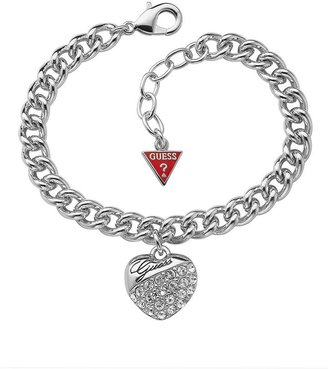 GUESS Rhodium Plated Crystal Heart Charm Bracelet