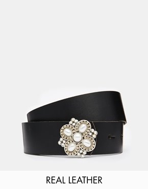 Black & Brown Leather Waist Belt With Pearl Ornament Buckle - Black