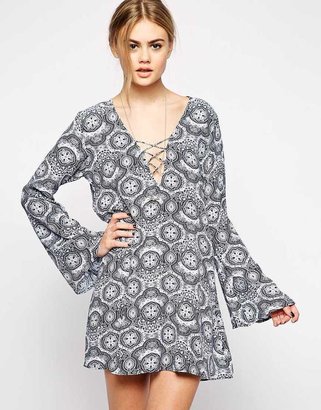 Motel Flare Sleeve Dress With Lace Front In Egyptian Blue Tile Print