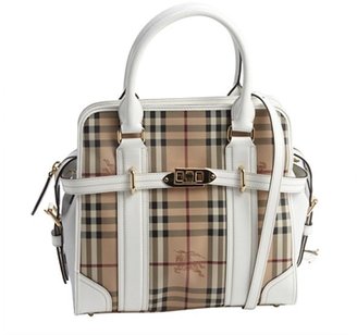 Burberry white and beige nova check canvas leather accent convertible top handle tote