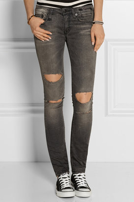 R 13 Distressed mid-rise skinny jeans