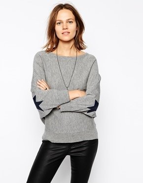 Zadig & Voltaire Knitted Batwing Sweater with Leather Elbow Stars - Gray