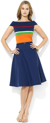 Lauren Ralph Lauren Petite Off-The-Shoulder Colorblocked Belted Flare Dress