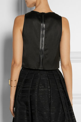 Tibi Cera Tuxedo cropped feather-trimmed crepe de chine top