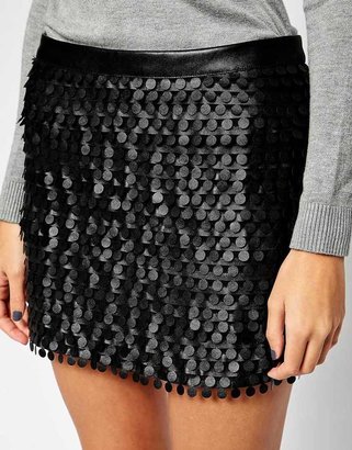 Sisley Mini Skirt with Leather Look Fringing