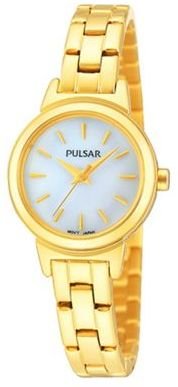Pulsar Ladies gold plate white MOP dial analogue bracelet watch