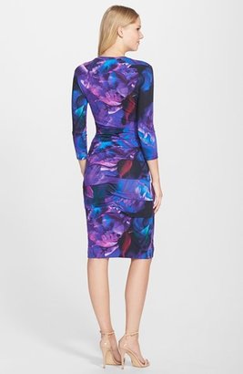 Nicole Miller 'Fire Flower' Print Ruched Body-Con Dress