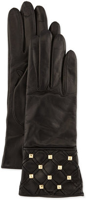 Portolano Studded Stripe-Detail Leather Gloves, Black