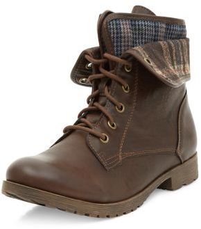 New Look Dark Brown Check Lined Cuffed Lace Up Boots