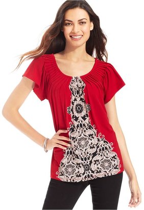 Style&Co. Printed Pleated-Neck Top