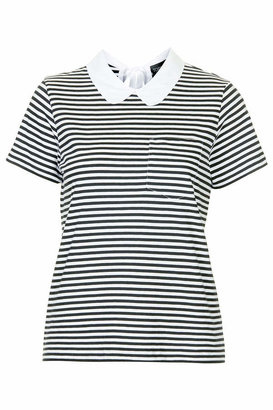 Topshop Black and white striped neat fitting tee with white collar and short sleeves. 100% cotton. machine washable.