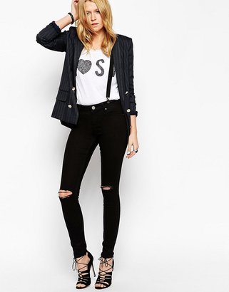 ASOS COLLECTION Lisbon Skinny Mid Rise Jeans in Black with Displaced Knees