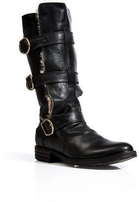 Fiorentini+Baker FIORENTINI & BAKER Leather Buckled Boots in Black with Fur Trim
