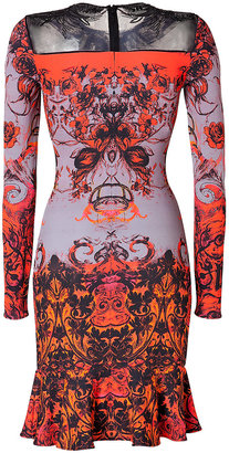 Roberto Cavalli Jersey Printed Dress with Lace Inlay in Rosso