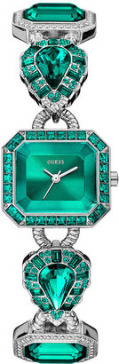 GUESS Watch, Women's Green Crystal-Accent Silver-Tone Bracelet 23x25mm U0222L5