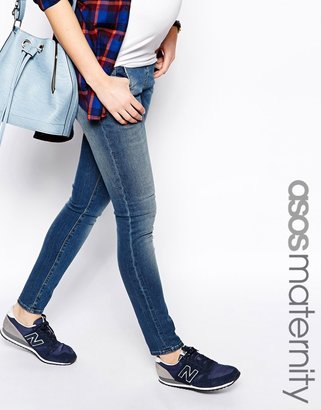 ASOS Maternity Ridley Skinny Jean In Mid Stonewash Blue with Under the Bump Waistband - Blue
