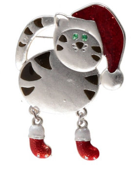 George Christmas Cat Brooch - Silver