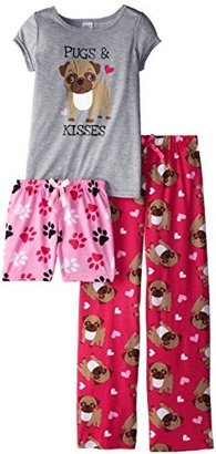 Sleep & Co Big Girls' Pugs 3 Piece Pajama Sleep Set